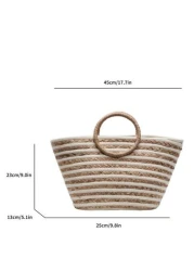 حقيبة قش كبيرة السعة ذات استخدام متعدد للنساء بمقبض دائري مخطط، حقيبة تسوق وشاطئ مناسبة للعطلات والسفر