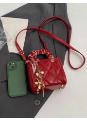 Exquisite Mini High Quality Textured New Popular Sweet Silk Scarf Handbag In Spring And Summer Niche Design Diamond Grid Heart Embroidered Princess Diana Bag Fashionable Crossbody Bag With Bow Pendant