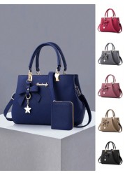 2pcs 1pc Women Solid Color Handbag Wallet Set With PU Leather Bow Pendant Zipper Closure Great Mother s Day Valentine s Day Gift Elegant Women Tote Bag Shoulder Bag Cross Body Bag Large Capacity Purse