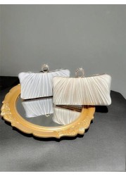 Women Fashionable Shiny Ring Buckle Pleated Satin Box Clutch Bag For Evening Dress Formal Party Prom Wedding Chain Handbag