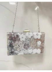 Flower Sequin Crossbody Stylish Silver Purse For Women Elegant Random Floral Embroidered Evening Silver Clutch Bag Prom Accessories Bridesmaid Gifts Fashion Retro Chain Evening Bag Mini Box Bag For Pa