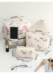 1Piece Bow Travel Toiletry Bag With Handle Quilted Fabric Large Capacity Women Handle Cosmetic Bag Cosmetic Brushes Storage Make Up Organizer Travel Skincare Makeup Pouch For For Bathroom For College