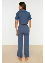  Collection Navy Blue Teddy Bear Ribbed Knitted Pajamas Set Thmss21Pt0168