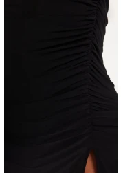  Collection فستان أسود محبوك مرن متوسط الطول مزين برباط TWOSS23EL00751