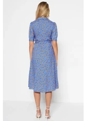  Collection Blue Floral Pattern Belted Midi Woven Viscose Shirt Dress TWOSS20EL1559