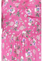  Collection فستان منسوج متوسط الطول بطبعة زهور وأكمام بالون وردي على شكل حرف A TWOSS20EL2323