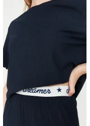  Collection Corduroy Pajama SeT - Navy Blue, Slogan PrinTed T-shirt and Trousers THMSS21PT1016