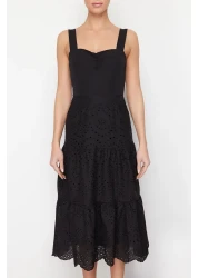  Collection Black Waist Opening Lined Midi Embroidery Woven Dress TWOSS23EL00156