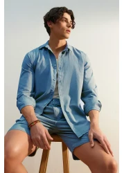  Collection Blue Unisex Regular Fit 100% Cotton Linen Look Shirt Tmnss23Go00099